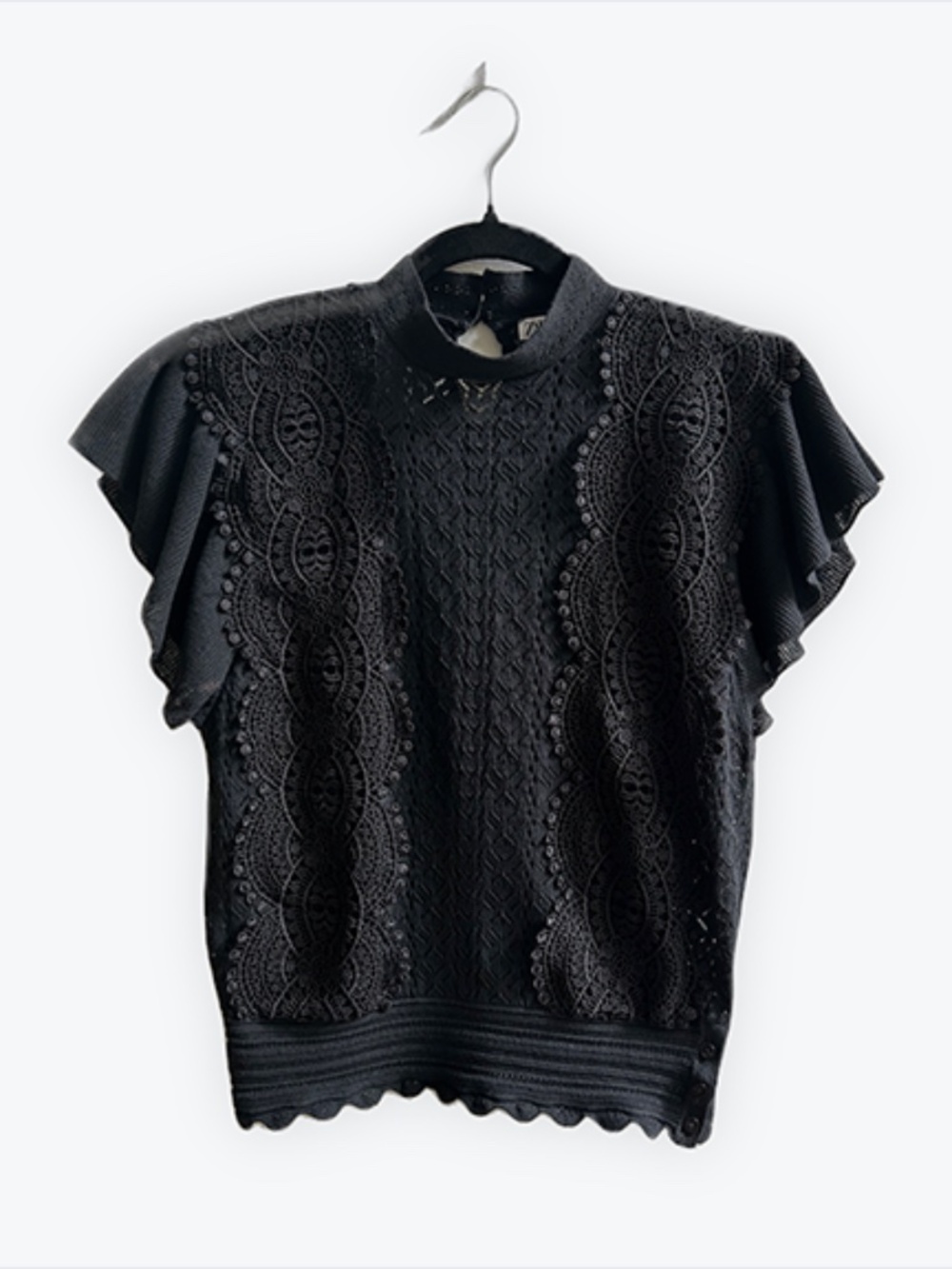 ZARA Black Lace Knit Top Flutter Sleeve | Size Med